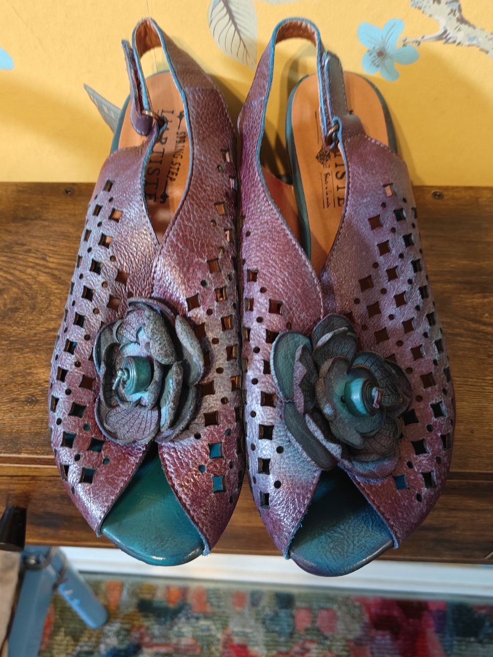 Leather Slingback Sandals in Plum and Teal with Floral Accent
